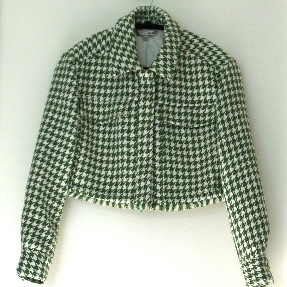 WD-NY Green Houndstooth Cropped Style Fringe Hem Blazer S